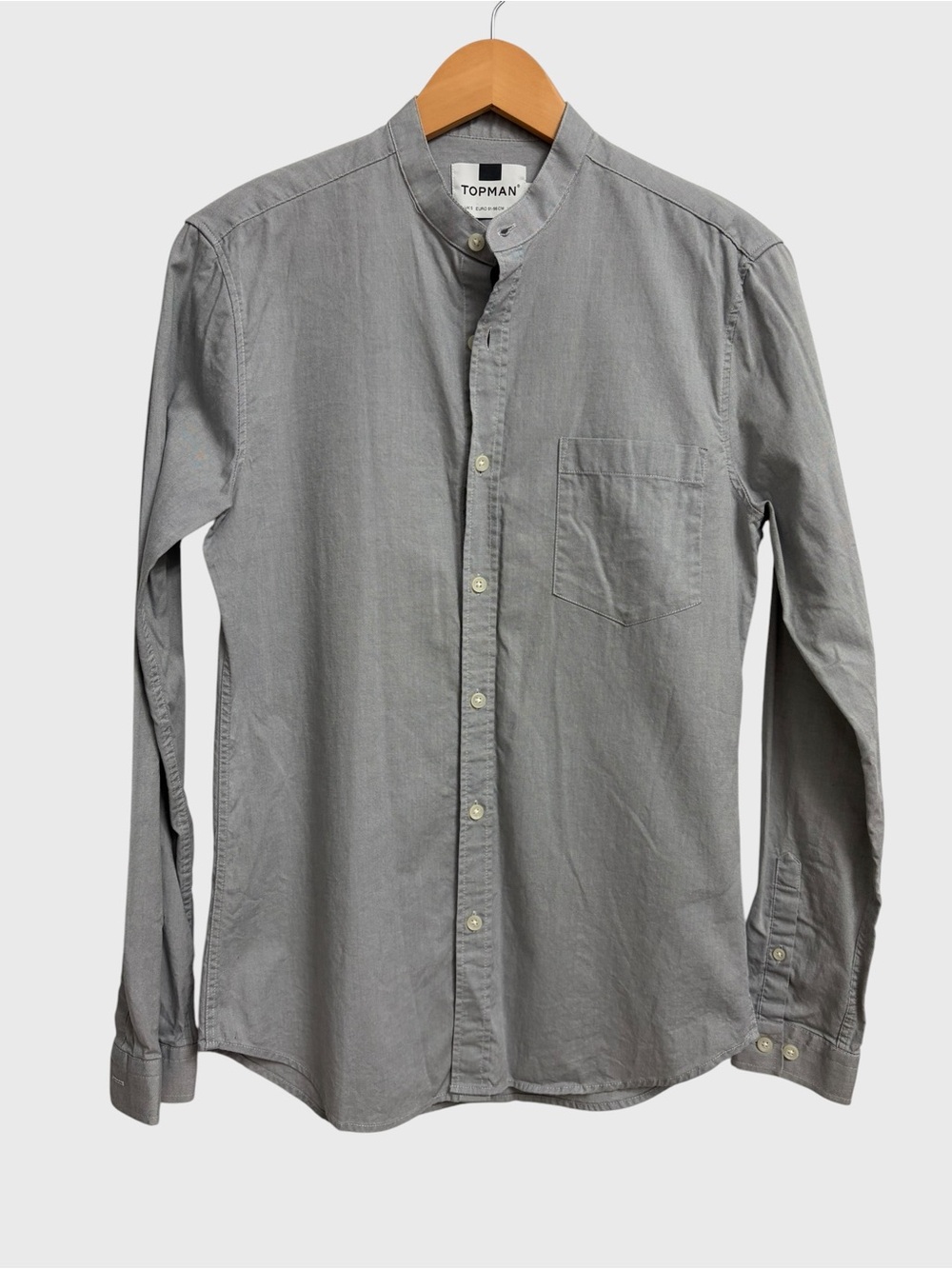 Topman Men's Gray Band-Collar Button Up Shirt S Long Sleeve Pocket Minimalist